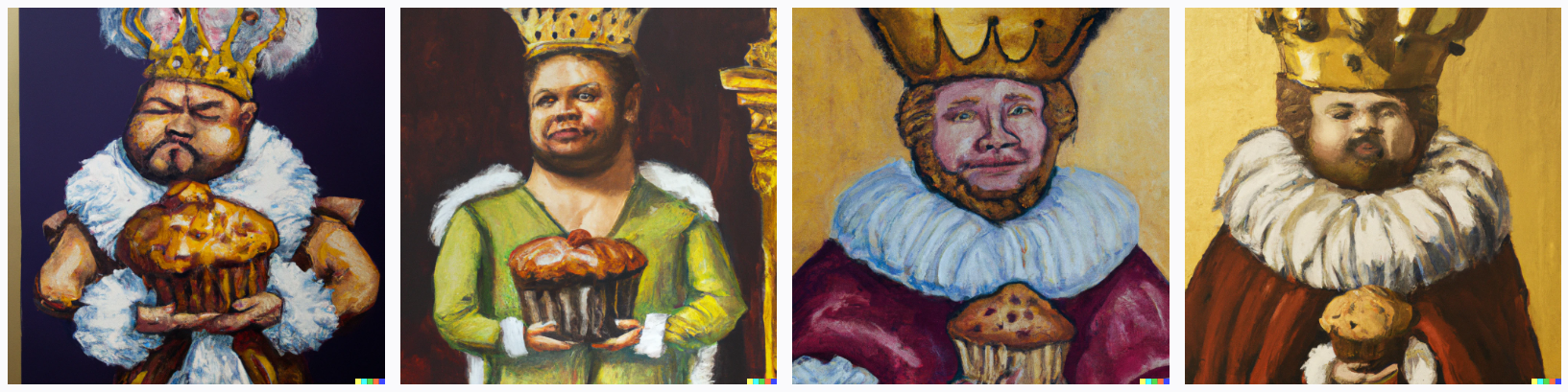 muffin man holding a large muffin wearing a crown lavish well-preserved oil painting with gold