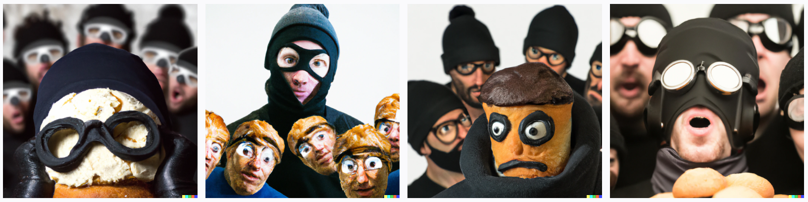 muffin man looking surprised surrounded by group in black ski mask expressionism the muffin man