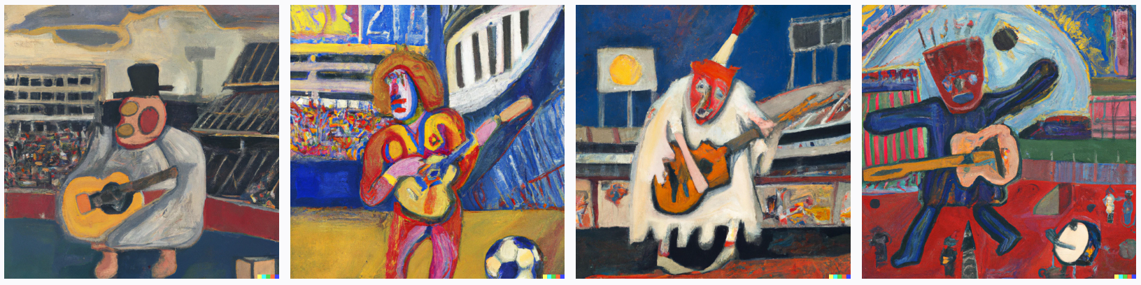 man playing the guitar in front of a stadium wearing a muffin costume expressionism painting 1979