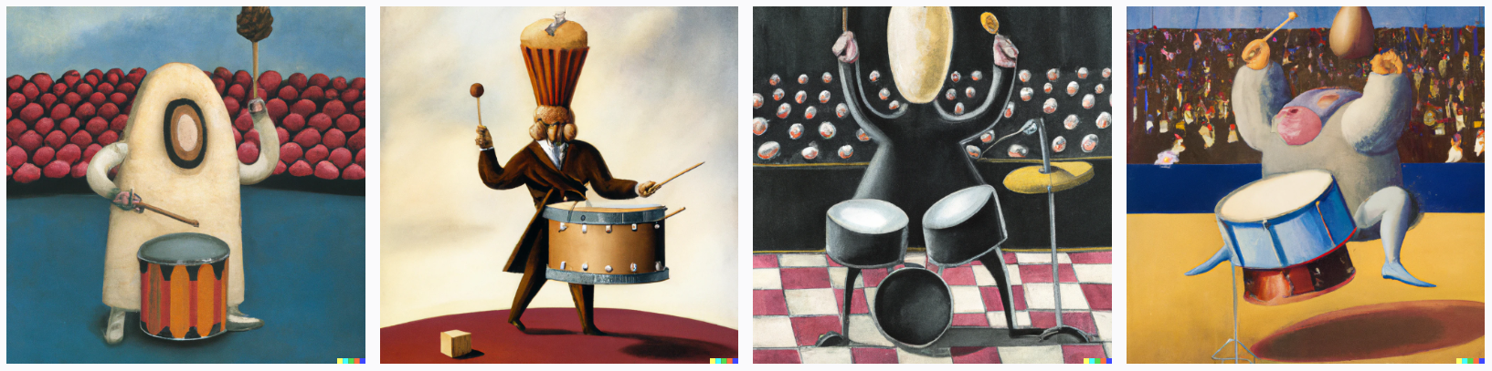 man performing a drum solo in a stadium wearing a muffin costume surrealism painting 1979