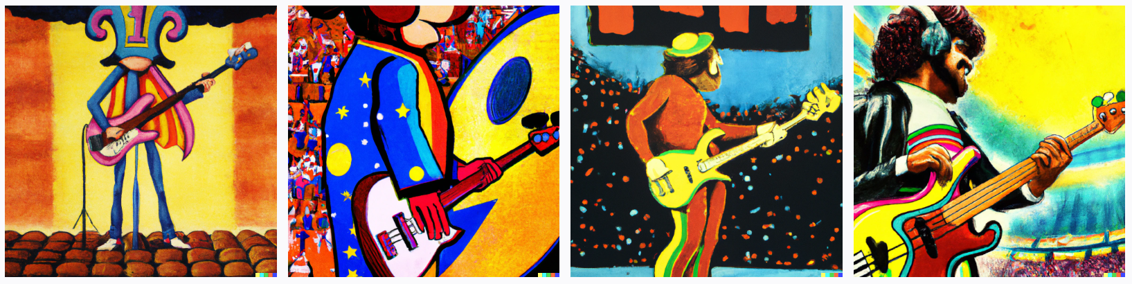 man playing the electric bass in a stadium wearing a muffin costume pop art painting 1979