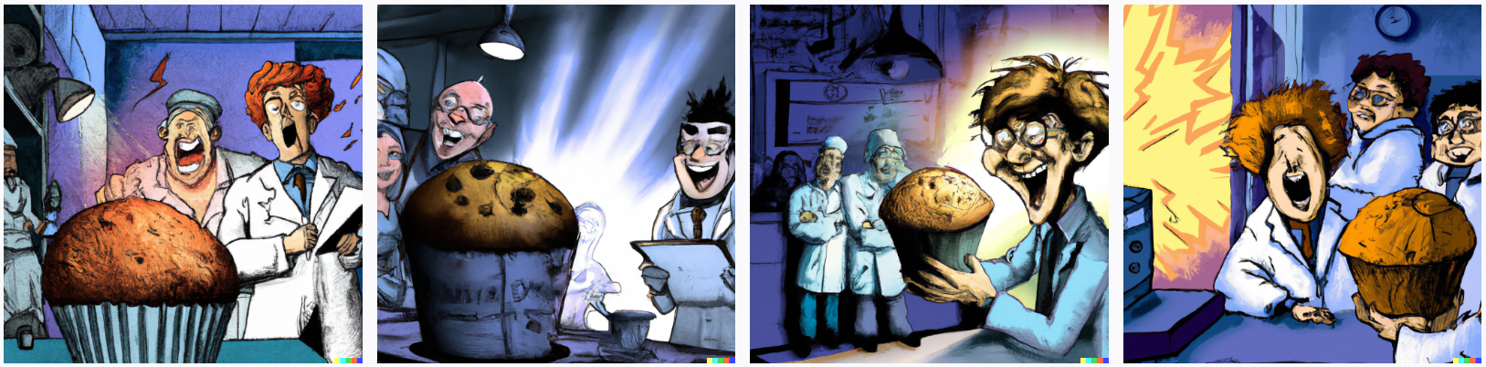 muffin man laughing maniacally in a dark laboratory while holding a large muffin with scientists watching in the background comic book art