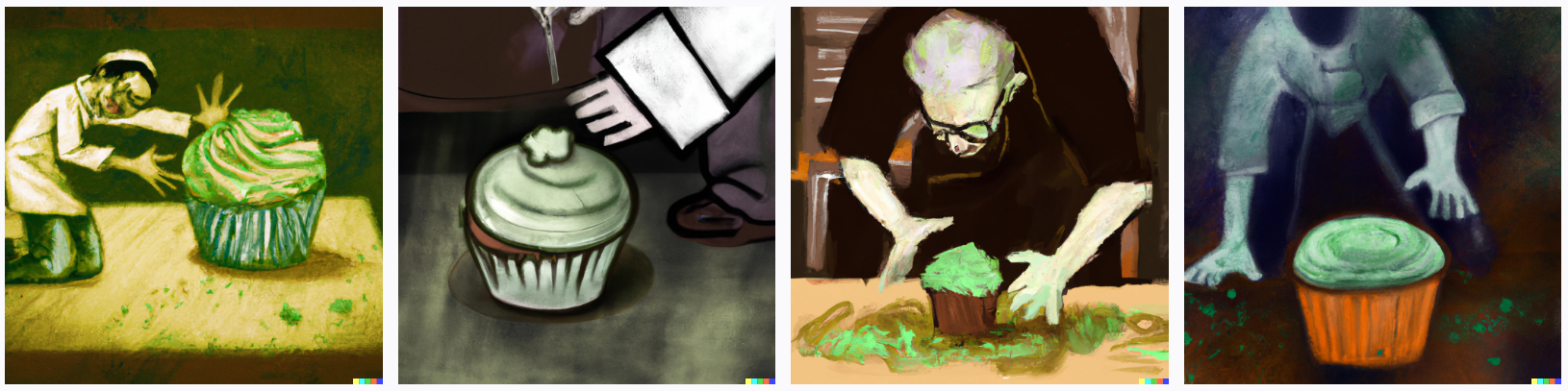 muffin man dropping a quarter-ounce green rosette of frosting onto the floor of a dark laboratory pastel art vibrant