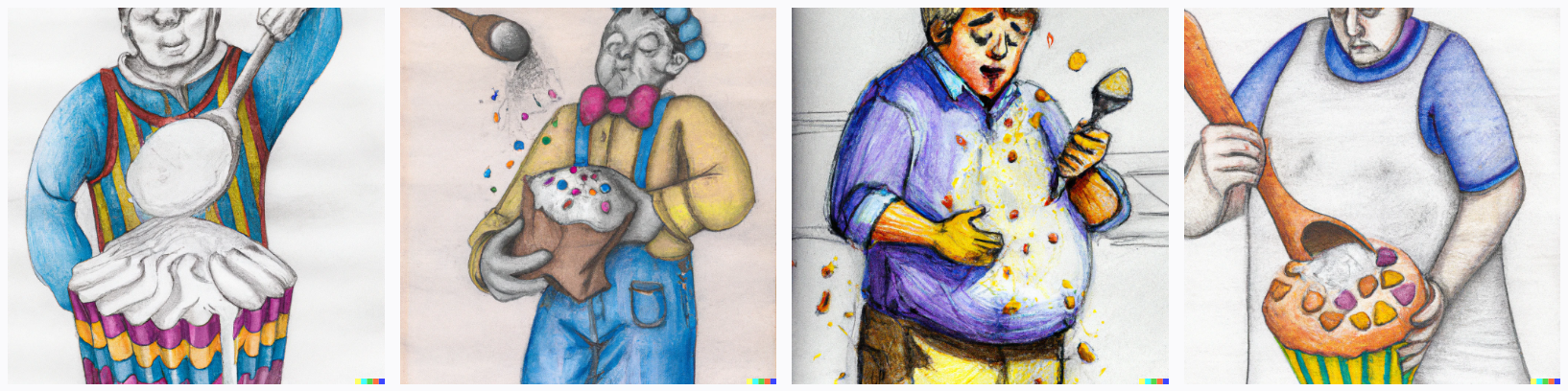 muffin man dumping flour inside of his shirt while holding an oversized spoon colored pencil detailed