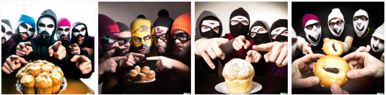 group of men in ski mask in a circle pointing at a muffin etching scary